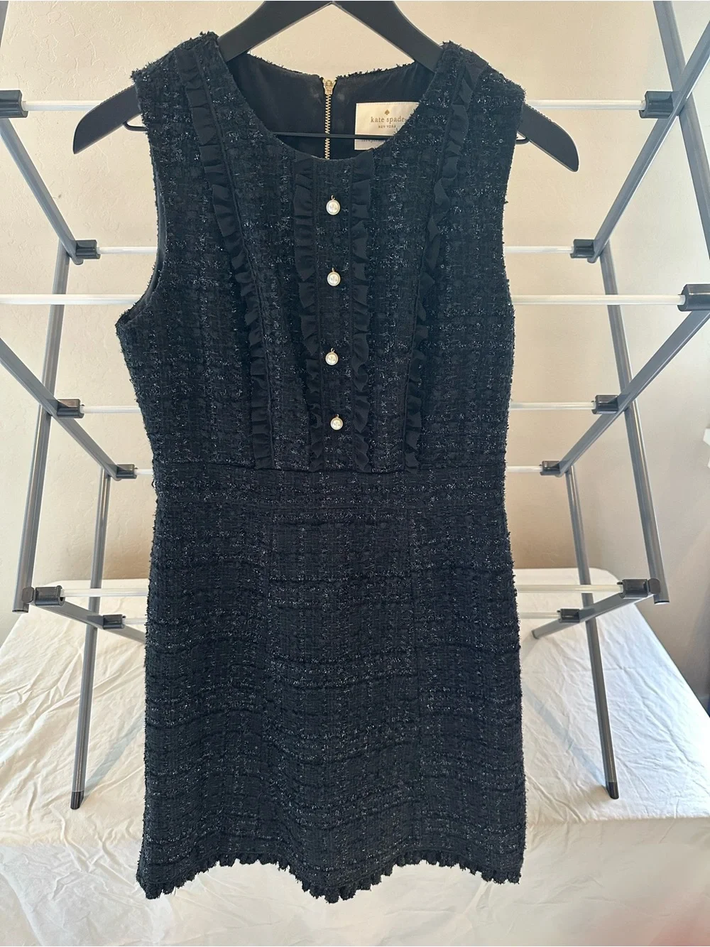 kate spade Black Sleeveless Tweed Pearl-Button Mini Dress